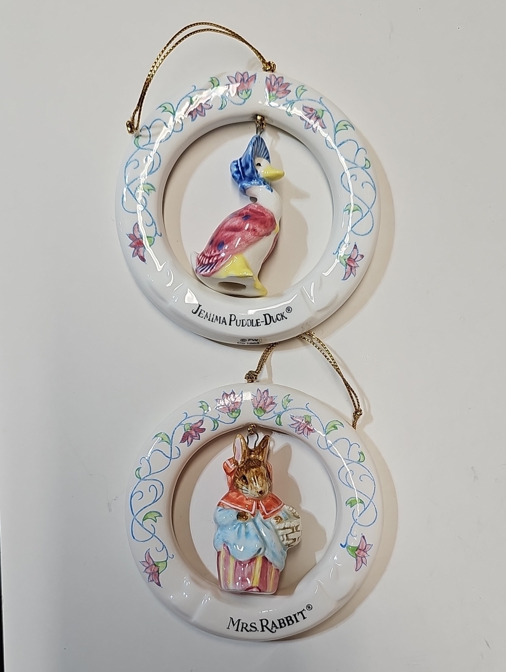 Vintage Schmid Beatrix Potter Jemima Puddleduck + Mrs. Rabbit Ceramic Ornaments